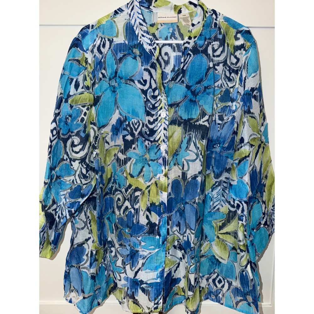 Alfred Dunner Woman Blue Green Floral Ikat Burnout Button Down Blouse 18W